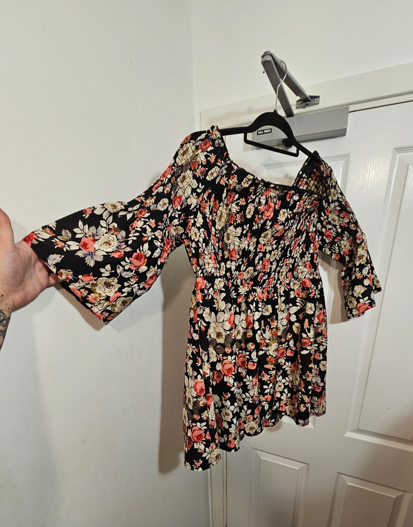 Pep & Co Black Vintage Floral Off-Shoulder Smocked Mini Dress, Size UK 18