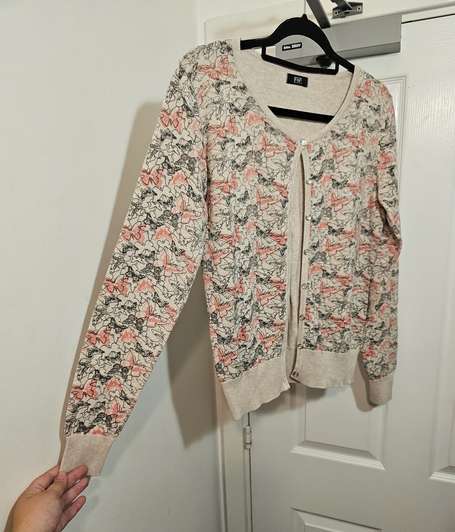 F&F Cream & Pink Butterfly Print Fine-Knit Cardigan, Size UK