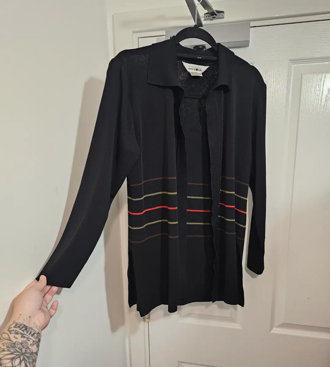 Vintage Exclusively Misook Black Striped Knit Cardigan Jacket, Size M