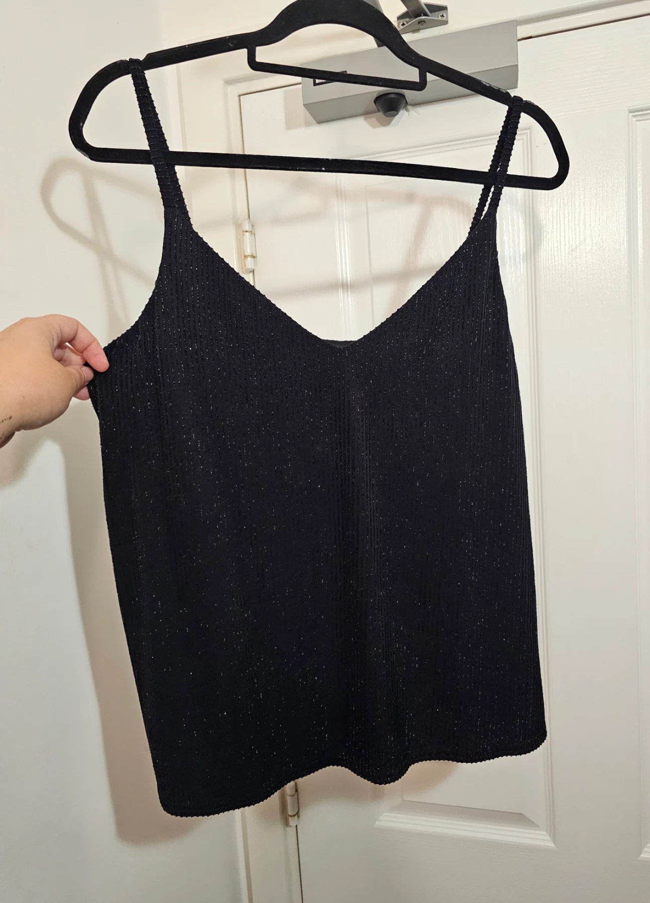 F&F Black Shimmer Glitter Ribbed Cami Top, Size UK 12