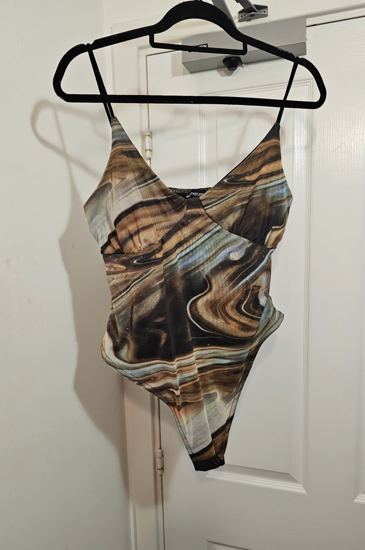 PrettyLittleThing Brown Marble Mesh Cami Bodysuit, Size 16