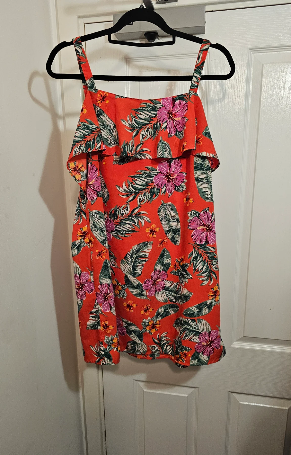 Papaya Tropical Floral Ruffle Dress, Size 12, Red Hibiscus Cami Mini Sundress
