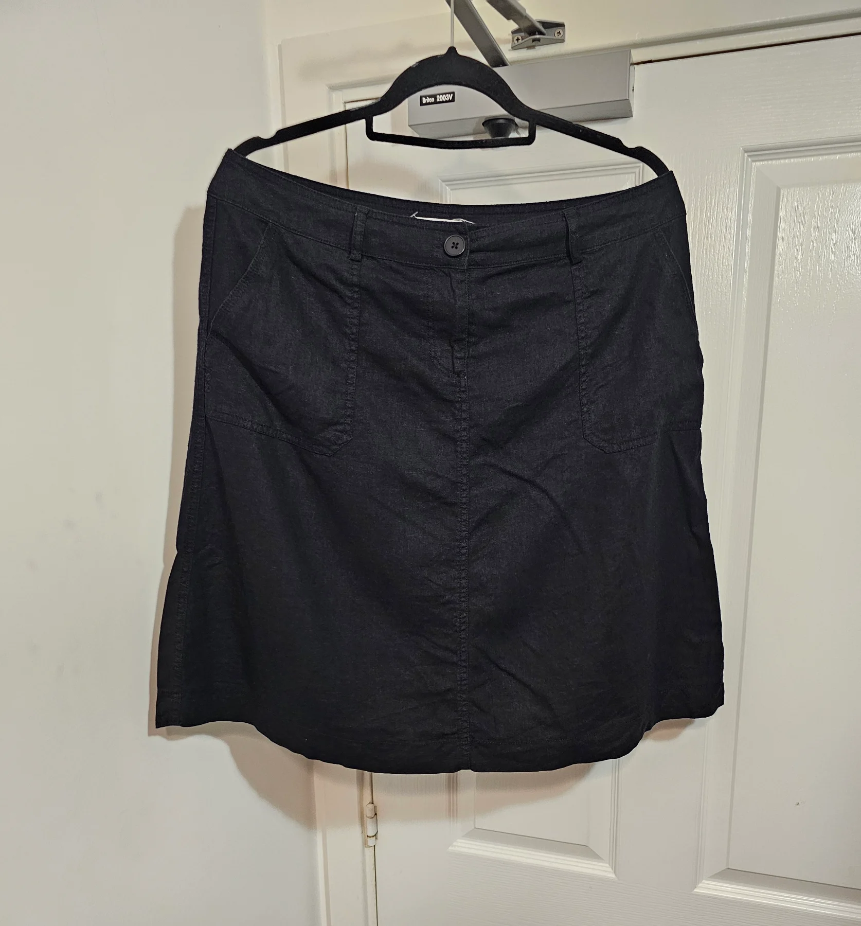 South Casualwear Black Linen Blend A-Line Midi Skirt with Pockets, Size UK 14