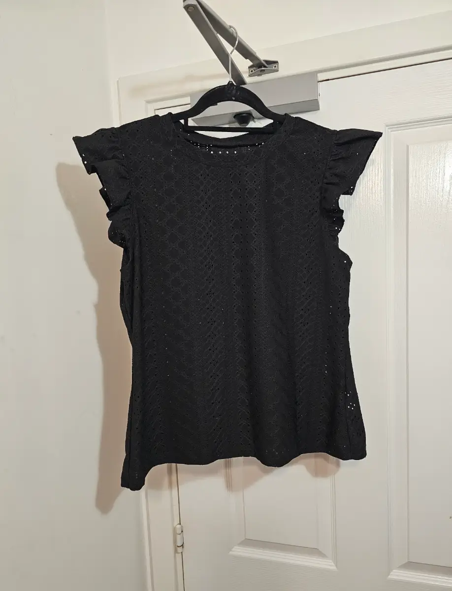 SHEIN Curve Black Eyelet Lace Flutter Sleeve Top, Plus Size 1XL