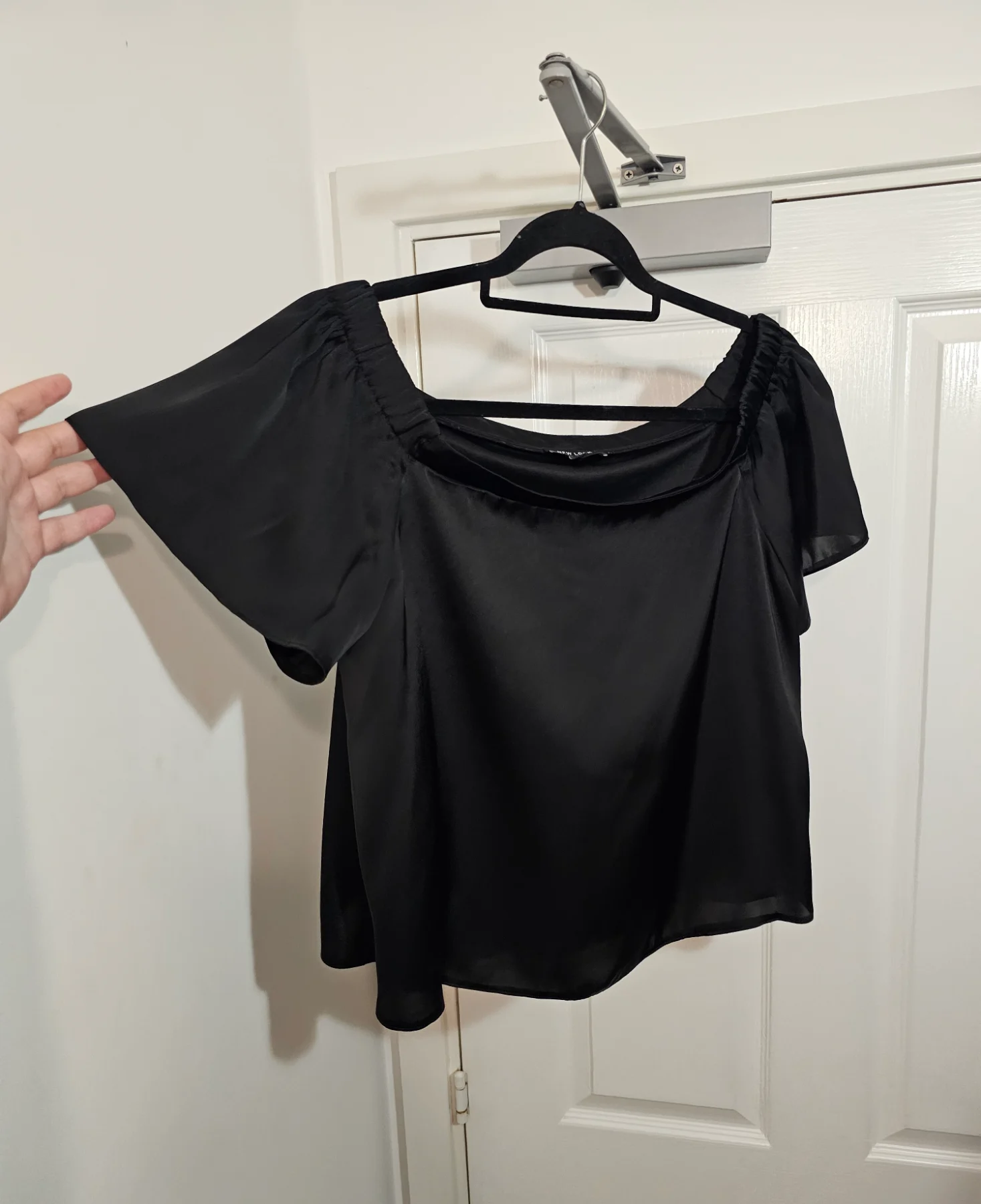 New Look Black Satin Off-The-Shoulder Cropped Top, Size UK 12