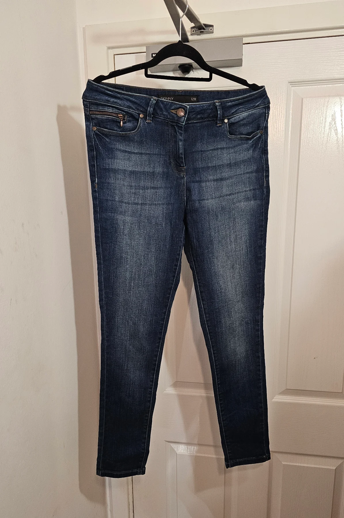 Next Premium Dark Wash Skinny Jeans with Zip Detail, Size 12R