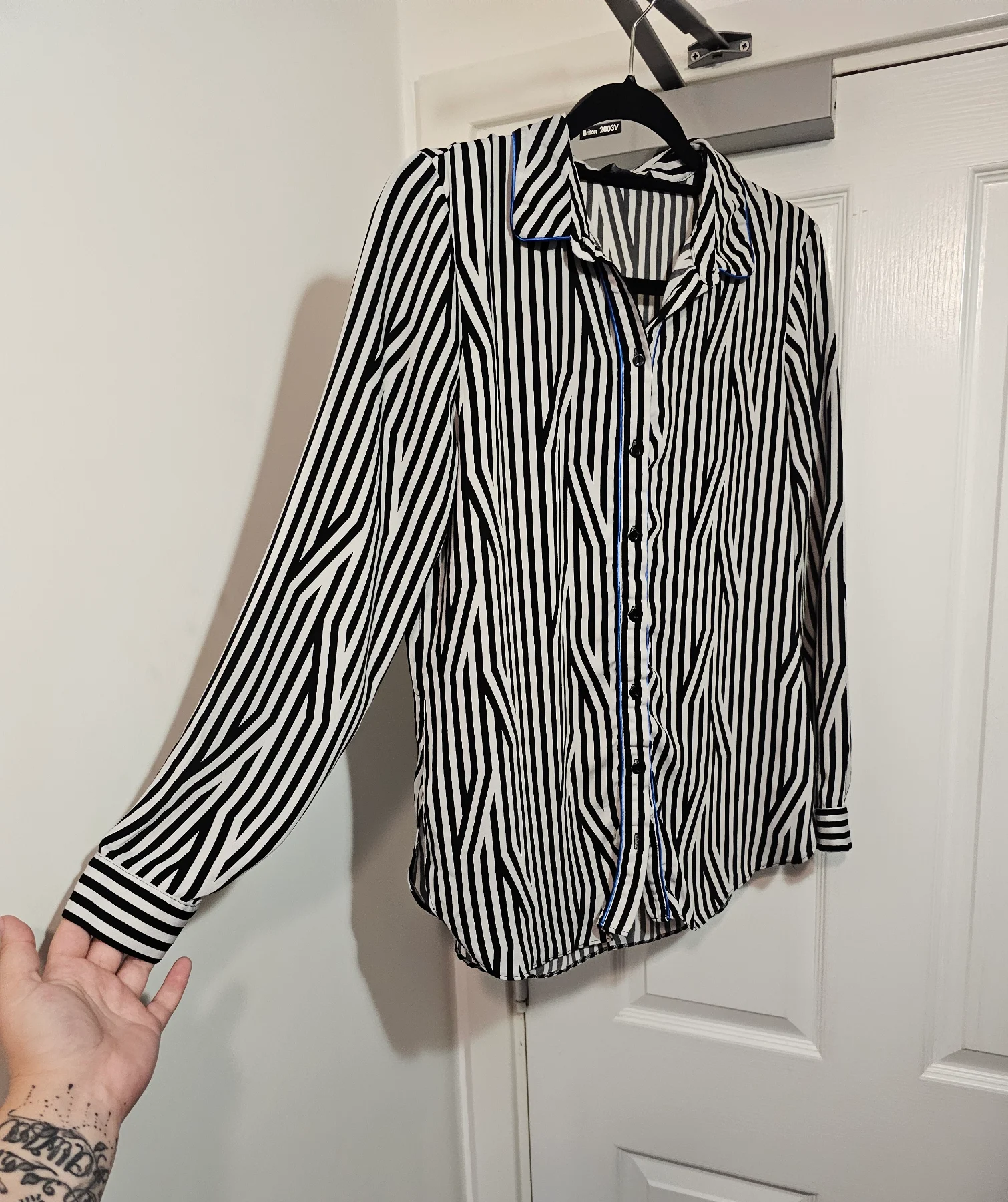 Dorothy Perkins Blue Piped Geometric Stripe Shirt, Size UK 10