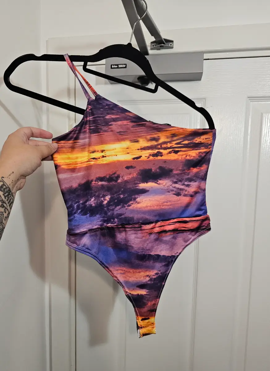PrettyLittleThing Sunset Sky Print One-Shoulder Swimsuit / Bodysuit, Size UK 8