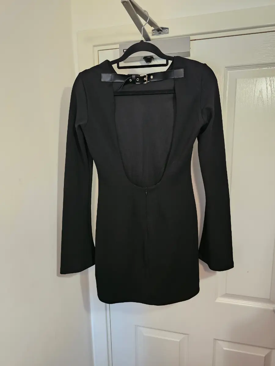 Zara Black Open-Back Mini Dress with Faux-Leather Buckle Detail, Size S
