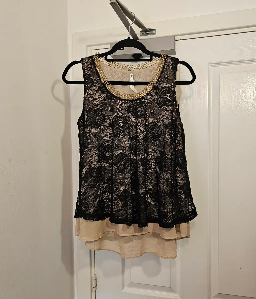 Blue Vanilla Black Lace & Nude Tiered Top with Gold Chain, Size S / 10