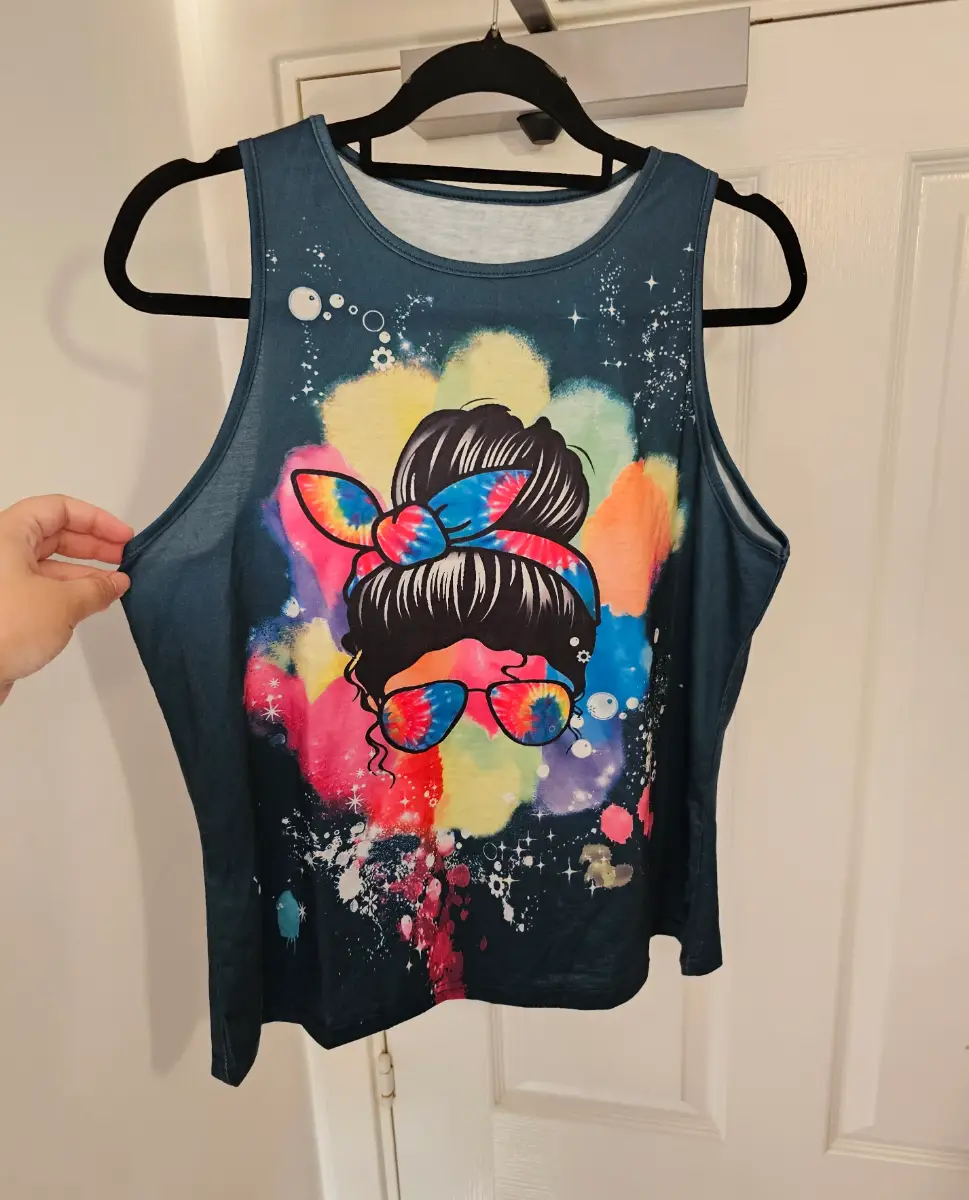 Vibrant Tie-Dye Messy Bun Tank Top Graphic Vest Top, Size L