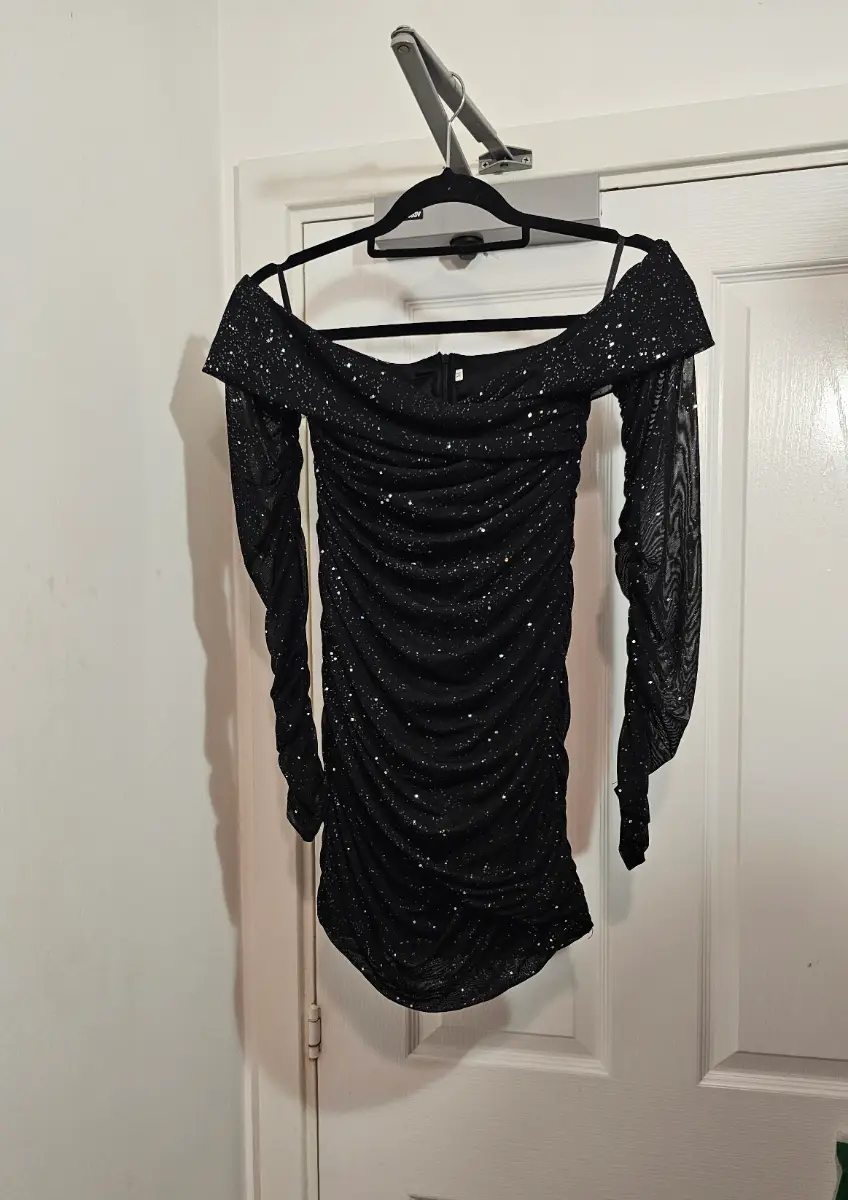 Dressmezee "Samantha Sparkle" Black Mesh Off-Shoulder Mini Dress, Size M