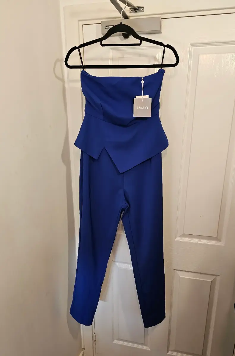 Missguided Royal Blue Strapless Asymmetric Peplum Jumpsuit, Size UK 8