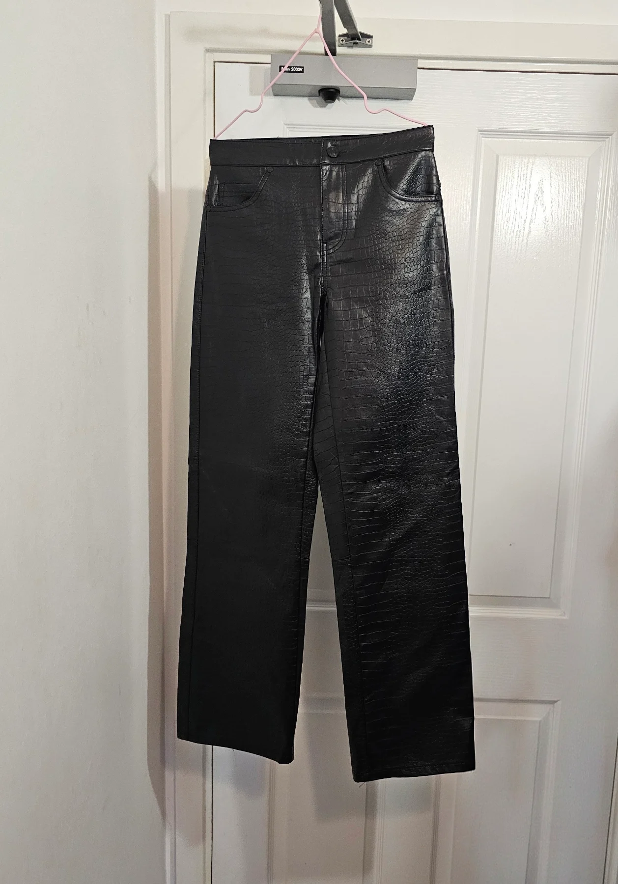 Bershka Black Croc-Effect Faux Leather Straight-Leg Trousers, Size XS (UK 6)