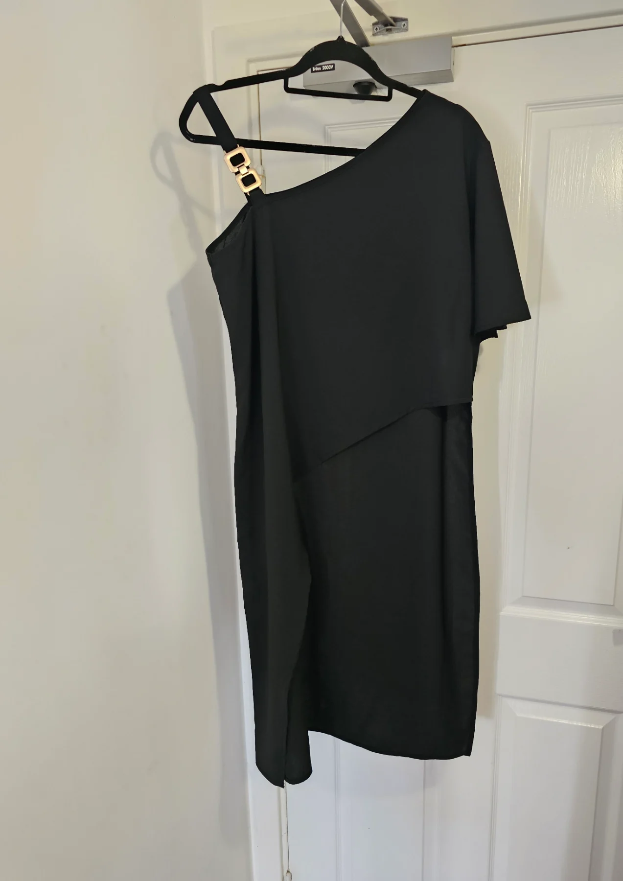 Emery Rose Black Asymmetrical One-Shoulder Tunic Top with Gold Buckle, Size XL
