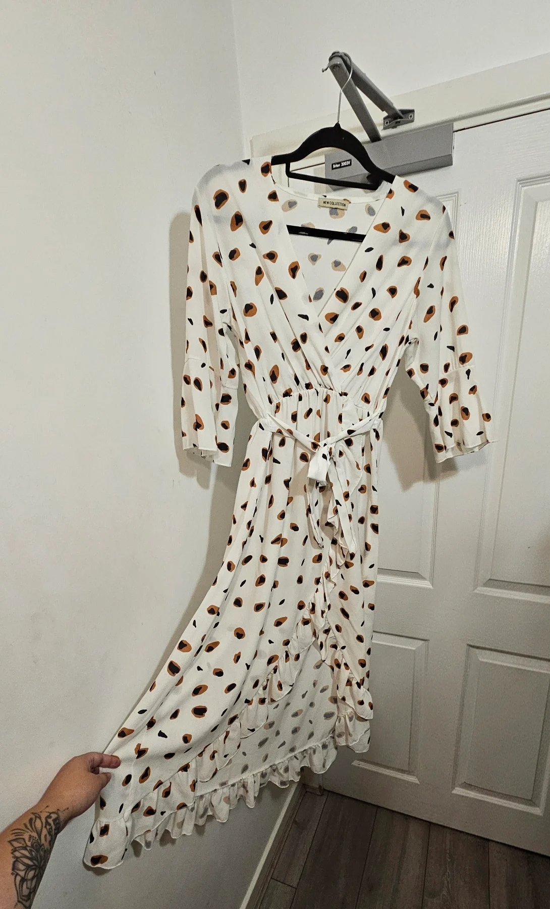 New Collection White Abstract Spot Ruffle High-Low Wrap Midi Dress, Size UK 12/14