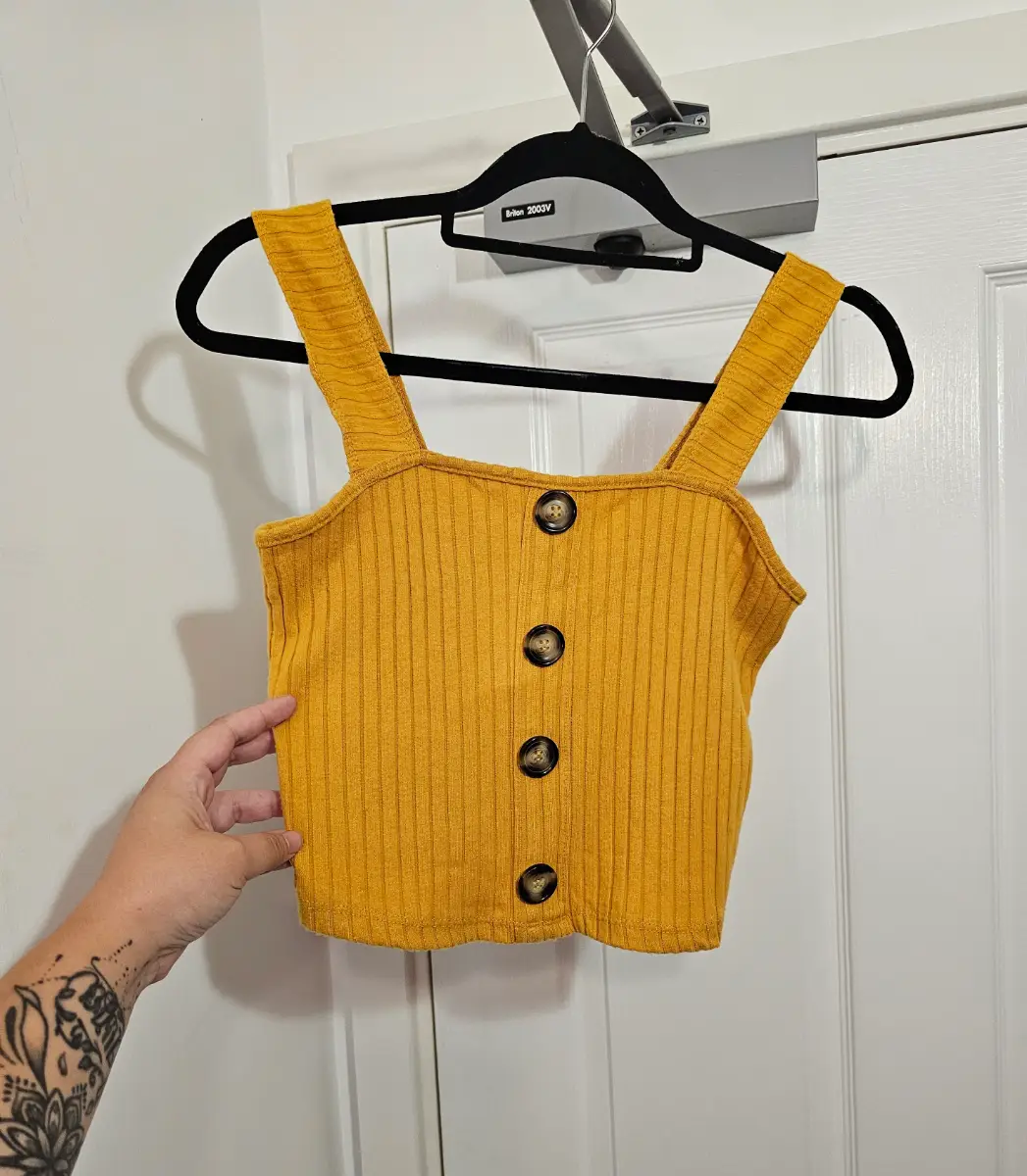Primark Mustard Yellow Ribbed Button-Down Crop Top, Size UK 12