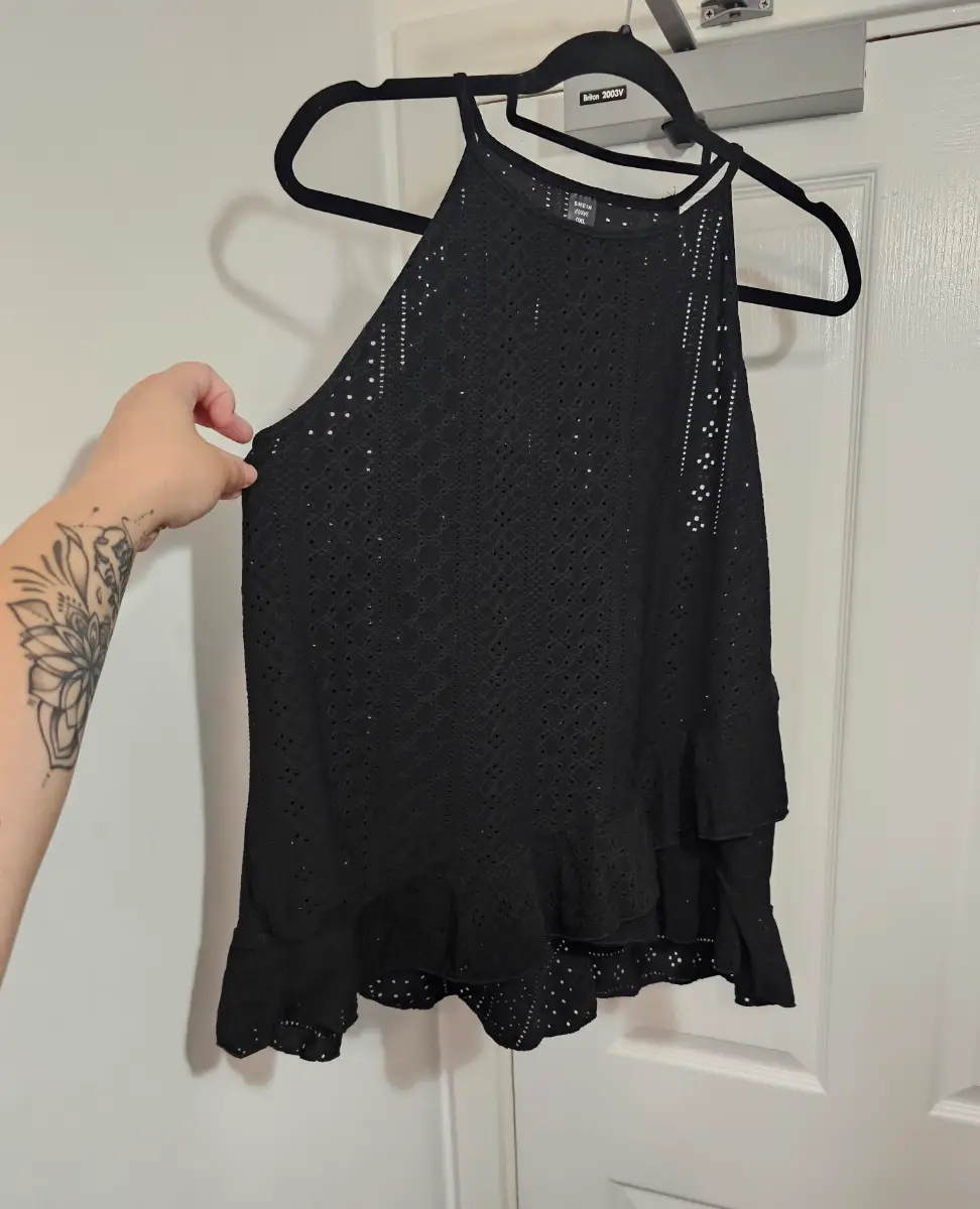 SHEIN Curve Black Broderie Anglaise Halter Neck Top, Size 0XL (UK 16)