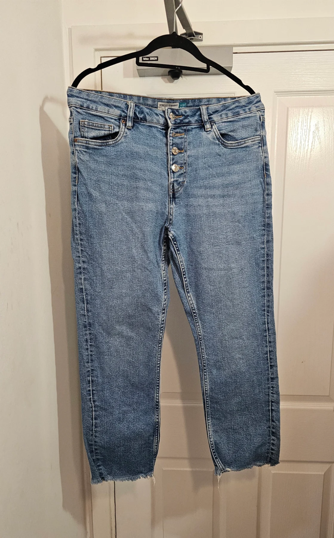 Next High-Rise Stretch Straight Leg Jeans, Size 12R (Cropped Raw Hem)