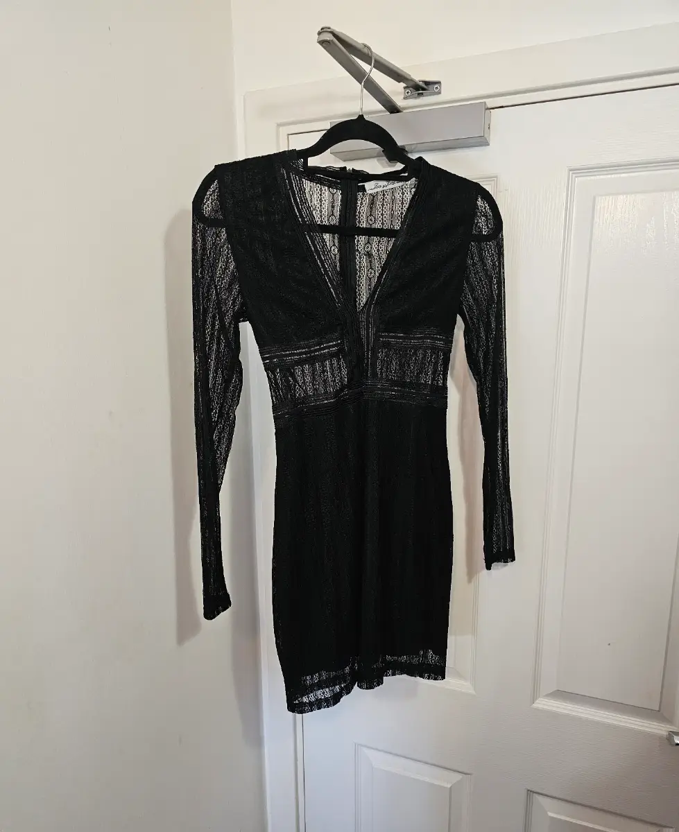 Lucy Wang Black Lace Long Sleeve Plunge Mini Dress, Size M