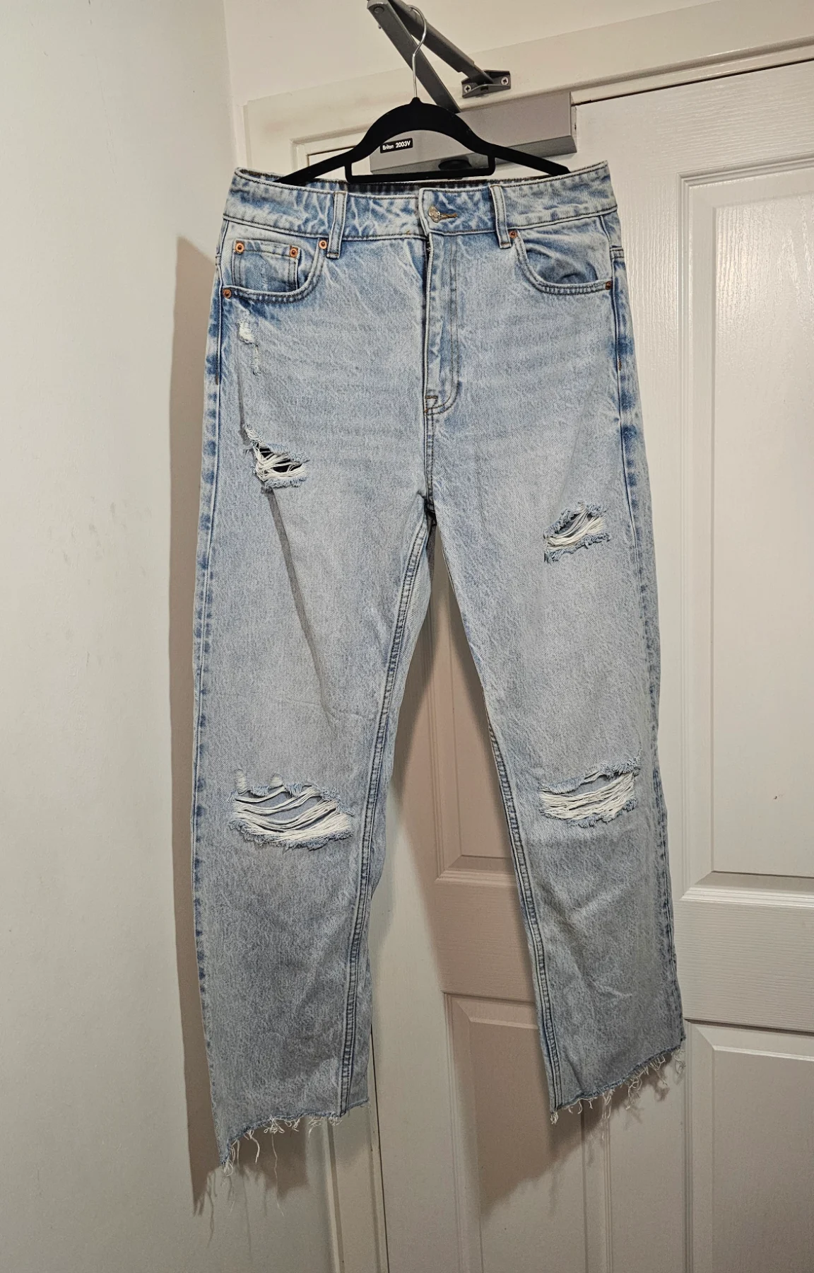 Distressed Light Wash Mom Jeans with Raw Hem, Size UK 14