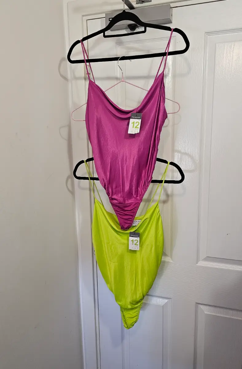 Primark Satin Cowl Neck Bodysuit Bundle, Pink & Lime Green, Size UK 12