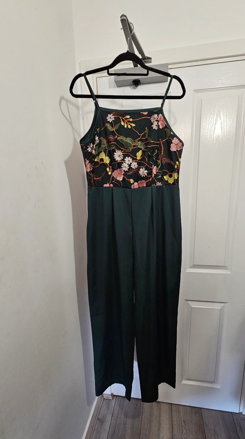 SHEIN Dark Green Floral Embroidered Wide-Leg Jumpsuit, Size L