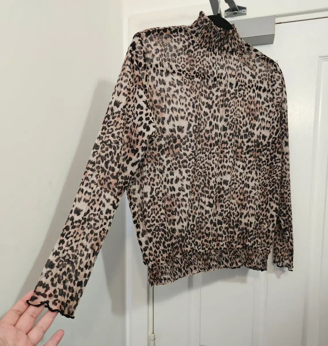 Peacocks Leopard Print Mesh High Neck Long Sleeve Blouse, Size 10