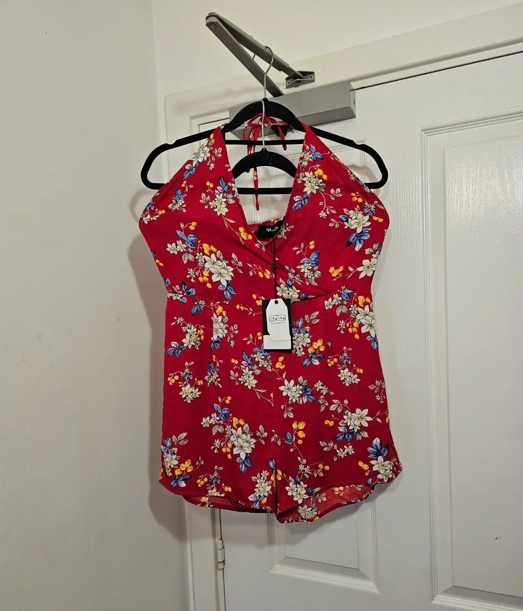 NaaNaa Red Floral Boho Halter Summer Playsuit, Size 12