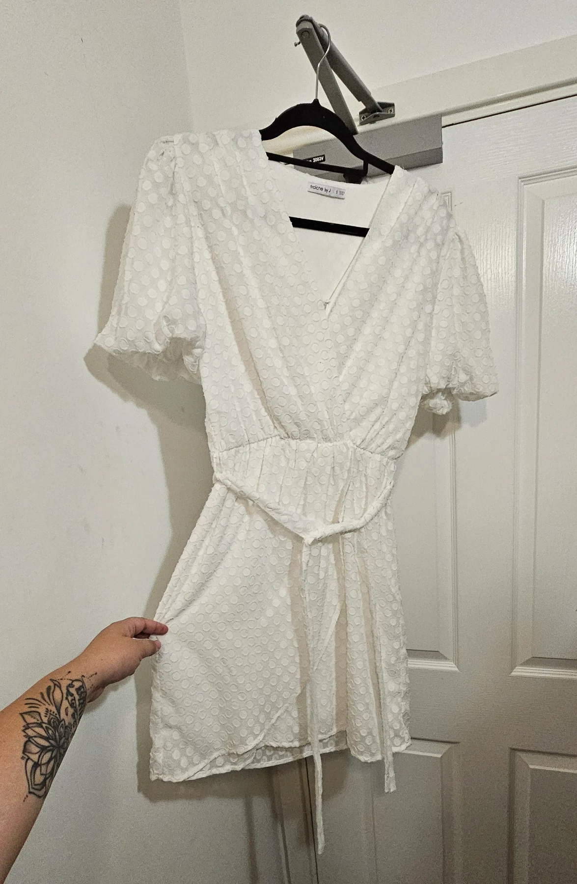 Fraiche by J White Swiss Dot Faux Wrap Mini Dress, Size S