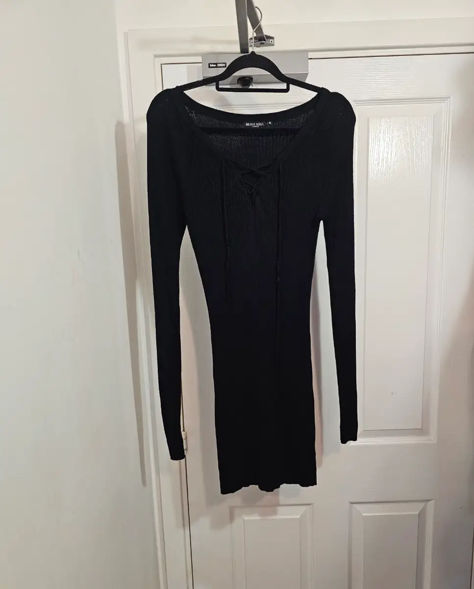 Brave Soul Black Ribbed Lace-Up Mini Long-sleeve Dress, Size M