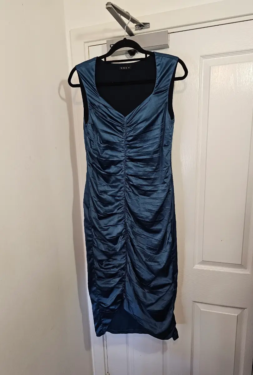 Stunning YALY Couture Teal Satin Ruched Midi Dress, Size S/M