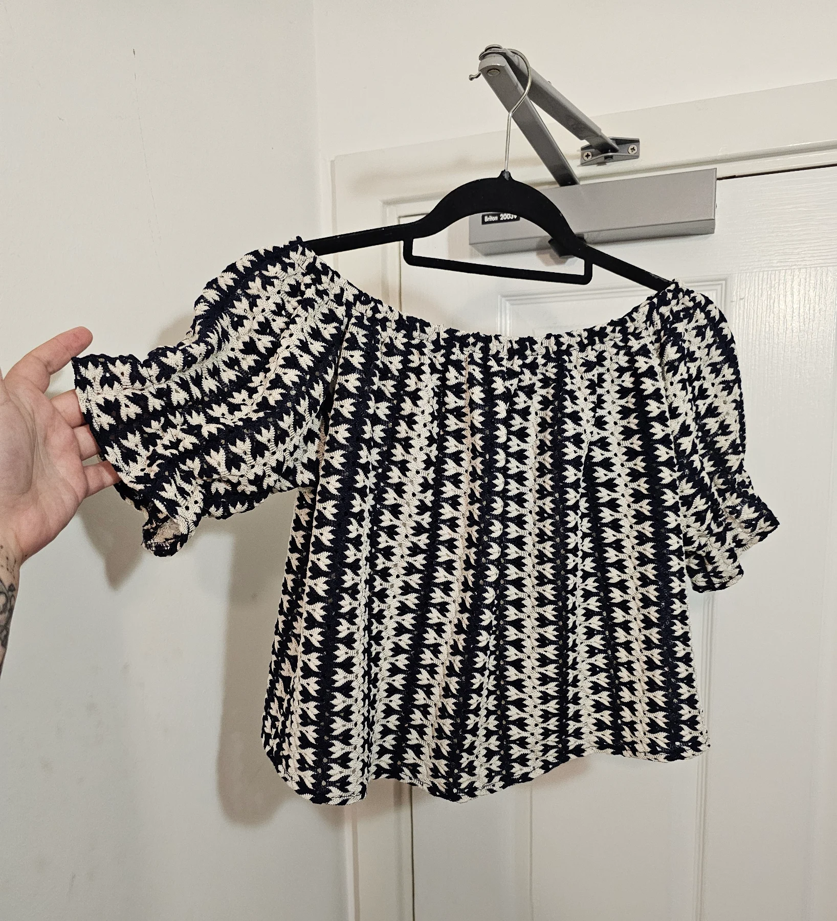 F&F Monochrome Crochet-Look Puff Sleeve Off-Shoulder Top, Size UK 6