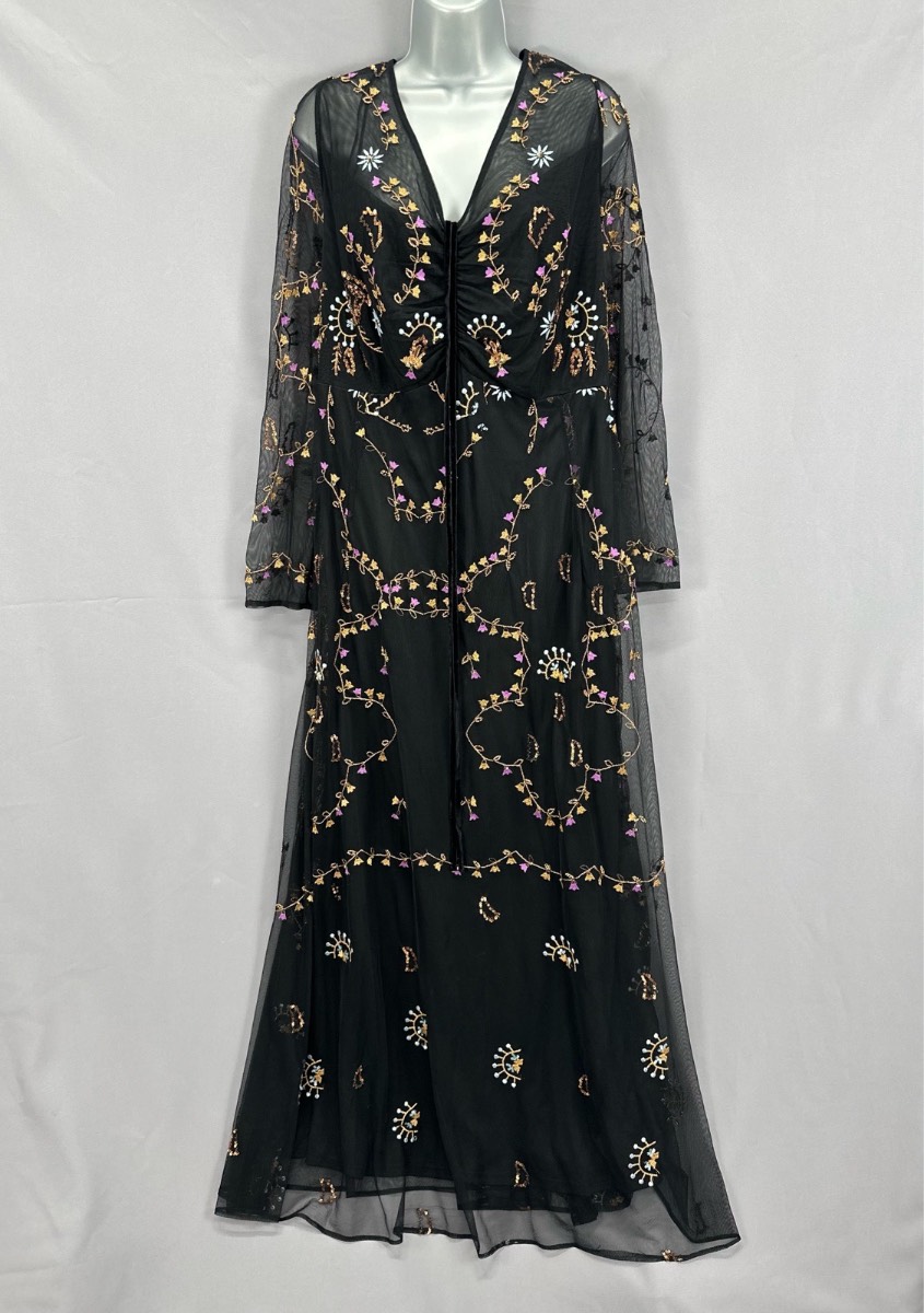 Monsoon black netted embroidered beaded/sequin plus size curve long maxi occasion dress size 24