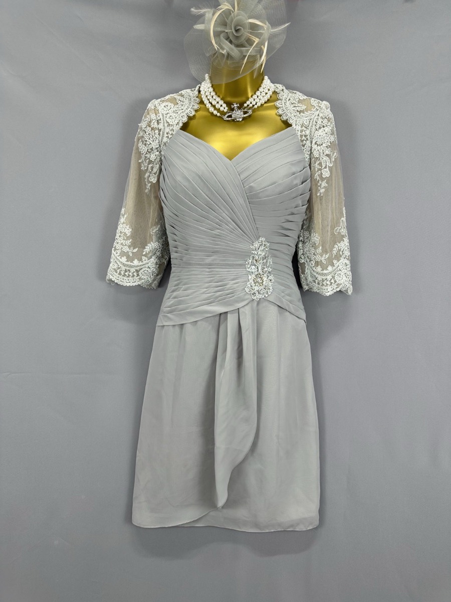 JJ’s House grey lace style motif occasion mother of the bride/groom knee length dress 10