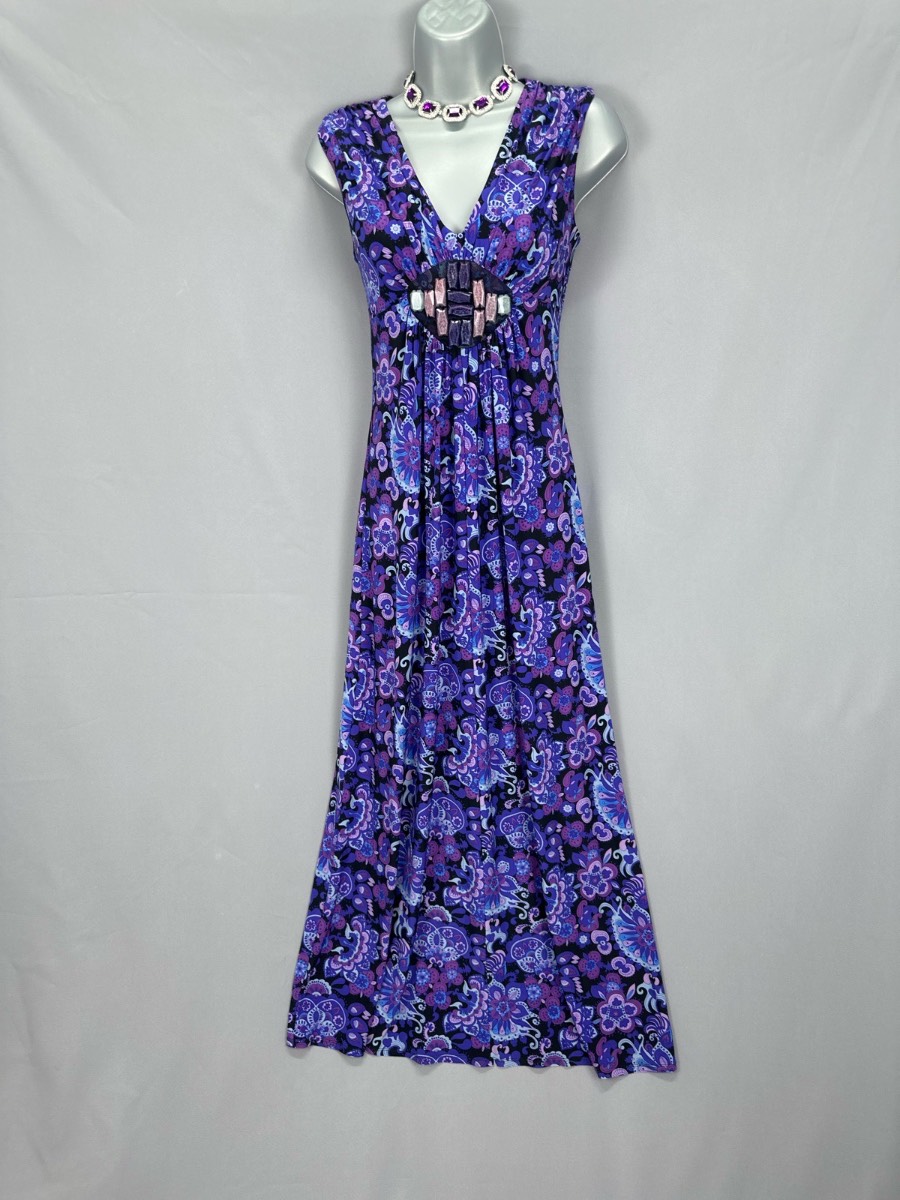 Stunning Phase Eight Multi Purple Print summer stylish Embellished Long Maxi Dress 10