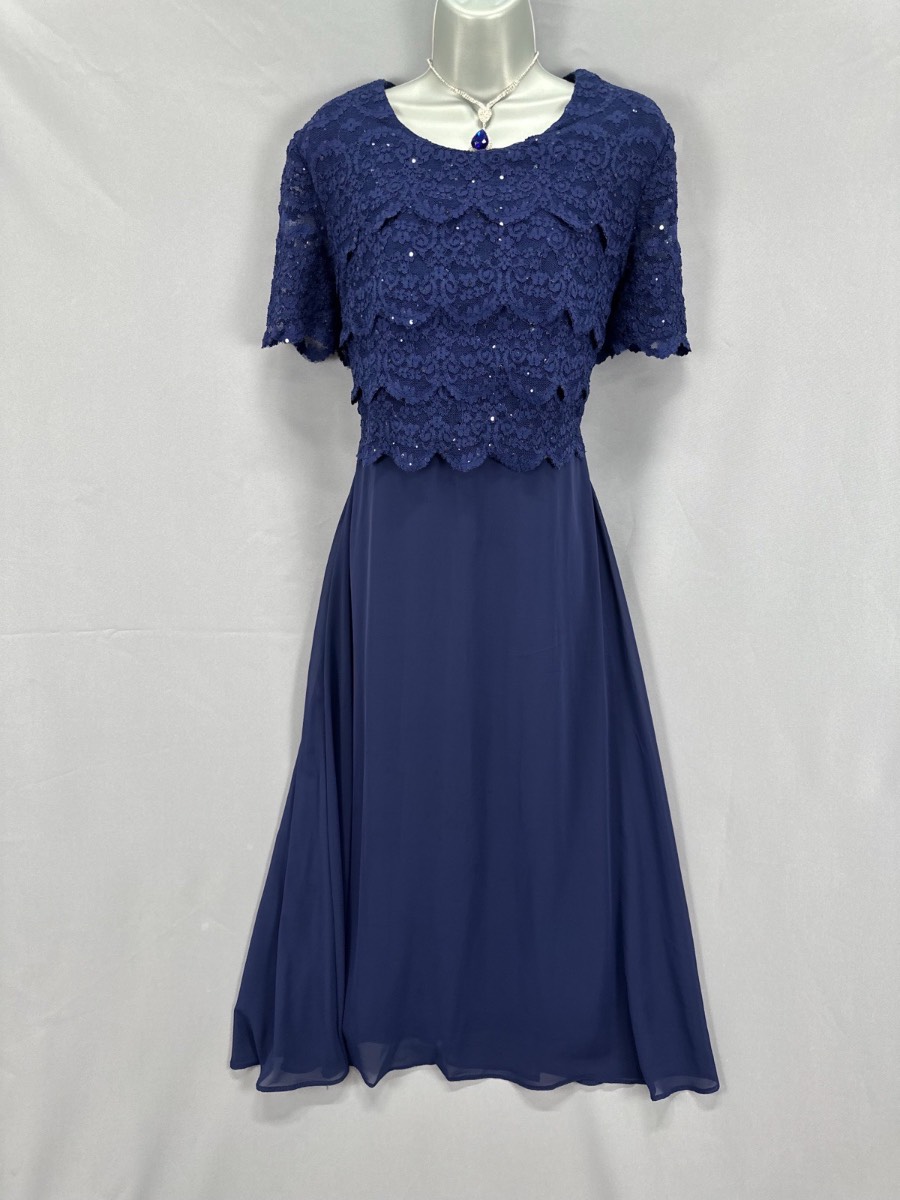 R&M Richard’s navy sequin lace occasion black tie short sleeve long dress size 14