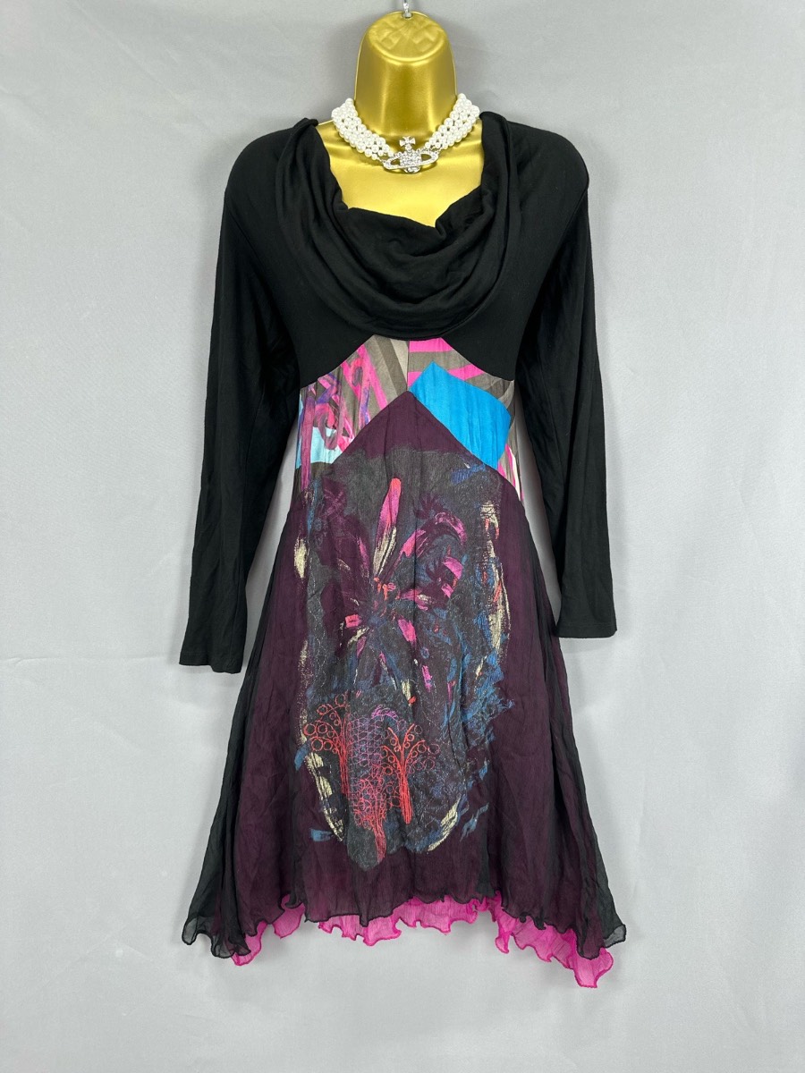 Legatte jeans black multi printed silk cowl neck boho knee length dress 16