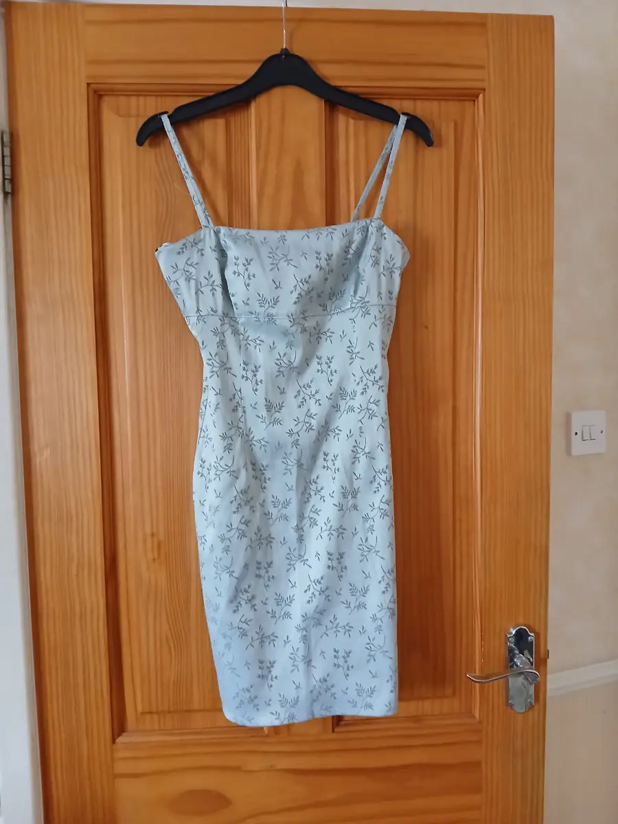 Silvery green dress with leaf pattern and side split