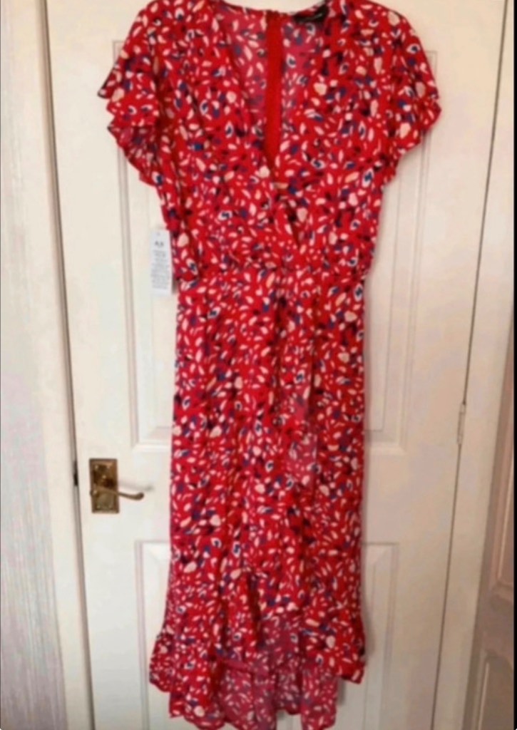 AXParis New Red/blue/white Animal Spot Print Wrap Ruffle Frill Midi Dress size 10