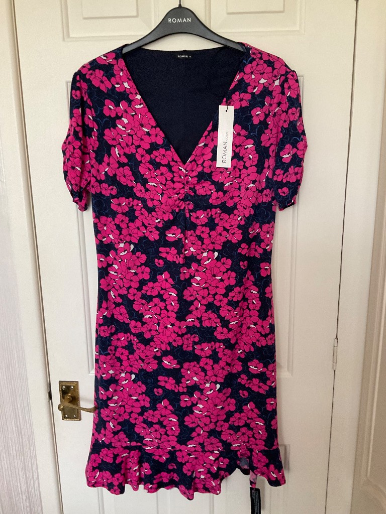 ROMAN Pink & Navy Floral Print Stretch Jersey tea dress Size 14