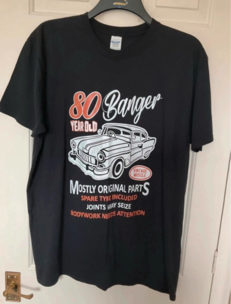 men's XL black t-shirt featuring a "Vintage Old Banger" graphic design 80th birthday