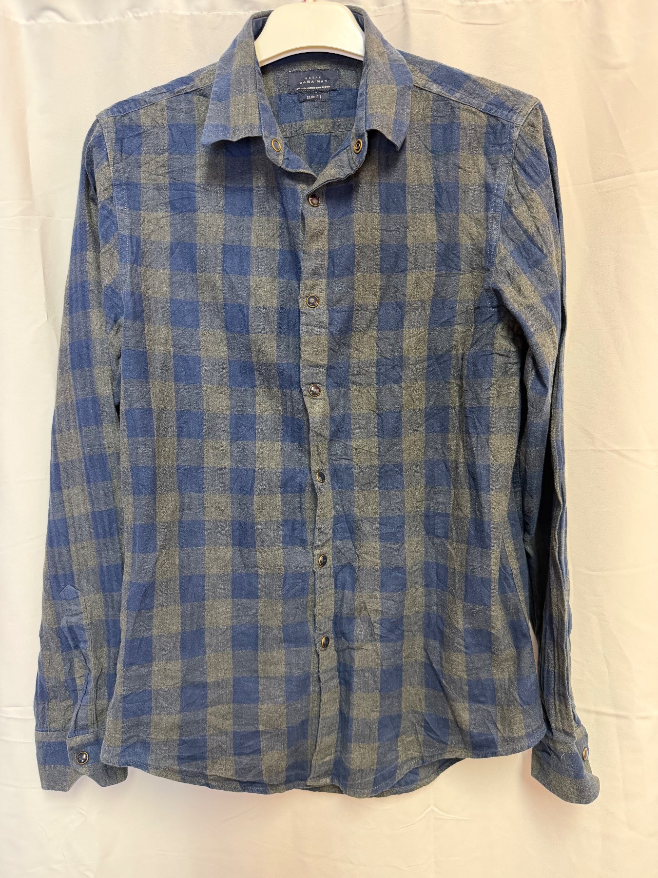 Zara Man Blue & Grey Checked Slim Fit Long Sleeve Shirt