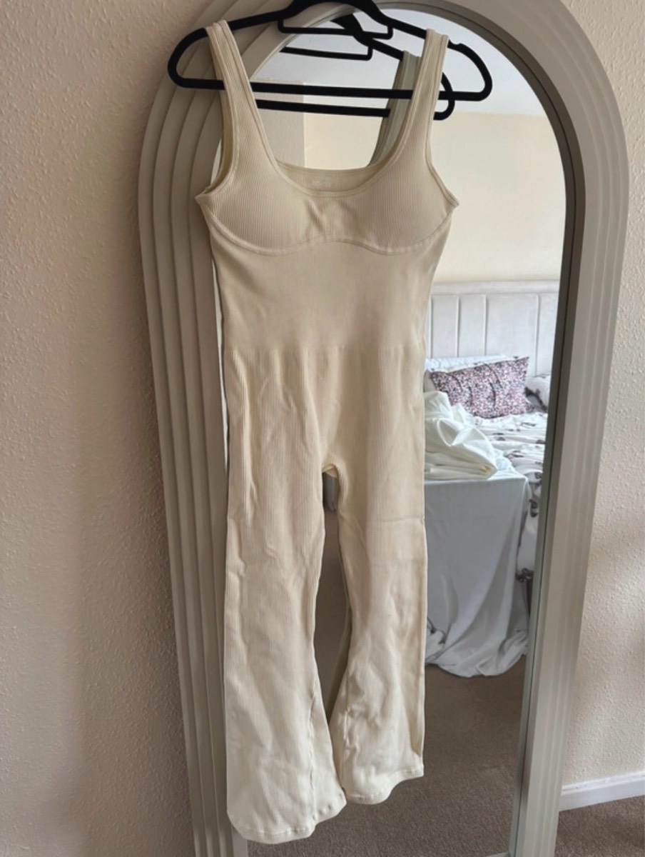 Bo+tee Oh Polly powerful ribbed full length flared jumpsuit in ivory cream