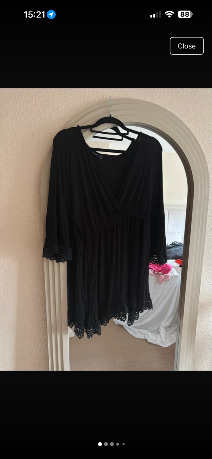 Boohoo black lace floral crochet trim wrap front mini dress 3/4 sleeve boho