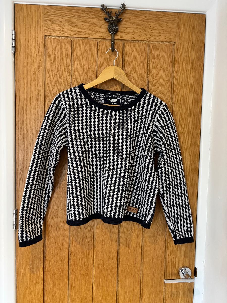 Holebrook Sweden Navy & White Striped 100% Cotton Knit Jumper Medium | Coastal Sailing Chic