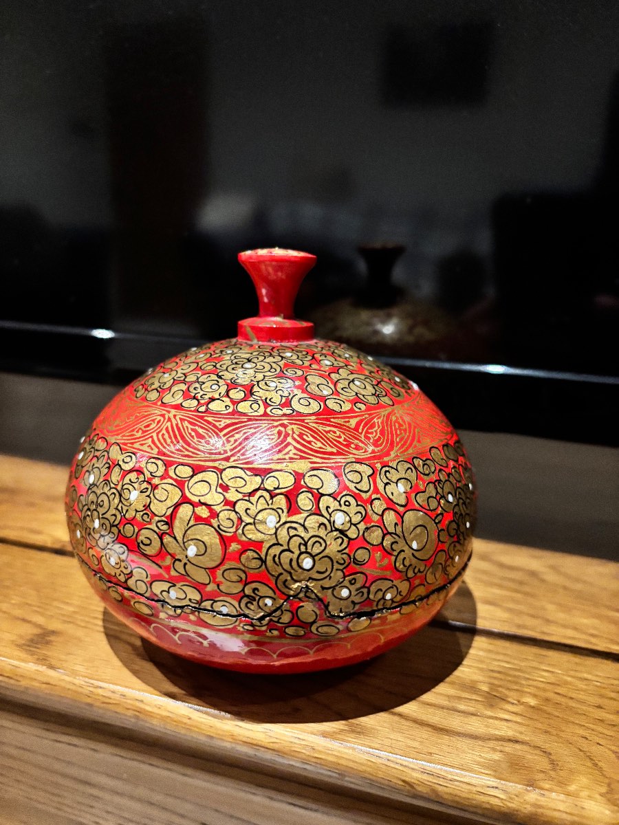Vintage Kashmiri Papier Mache Trinket Box - Red Gold Floral Jewelry Pot - Boho Wedding Table Decor