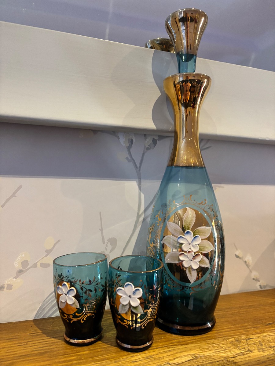 Vintage Murano Style Teal Blue Glass Decanter & Shot Glasses Set | Retro Home Decor Barware