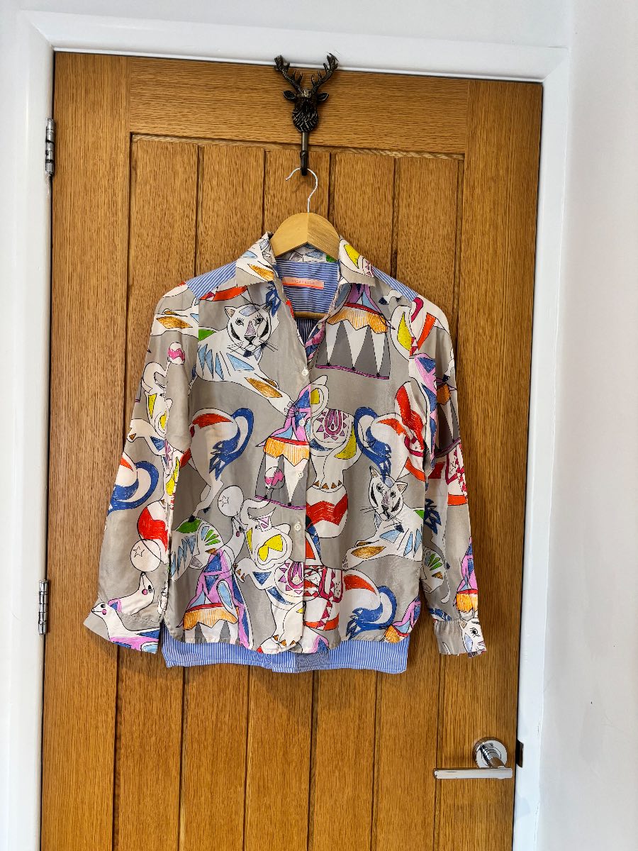 Vilagallo Silk Circus Print Shirt | Funky Designer Statement Blouse For Festival, Party & Work Wear