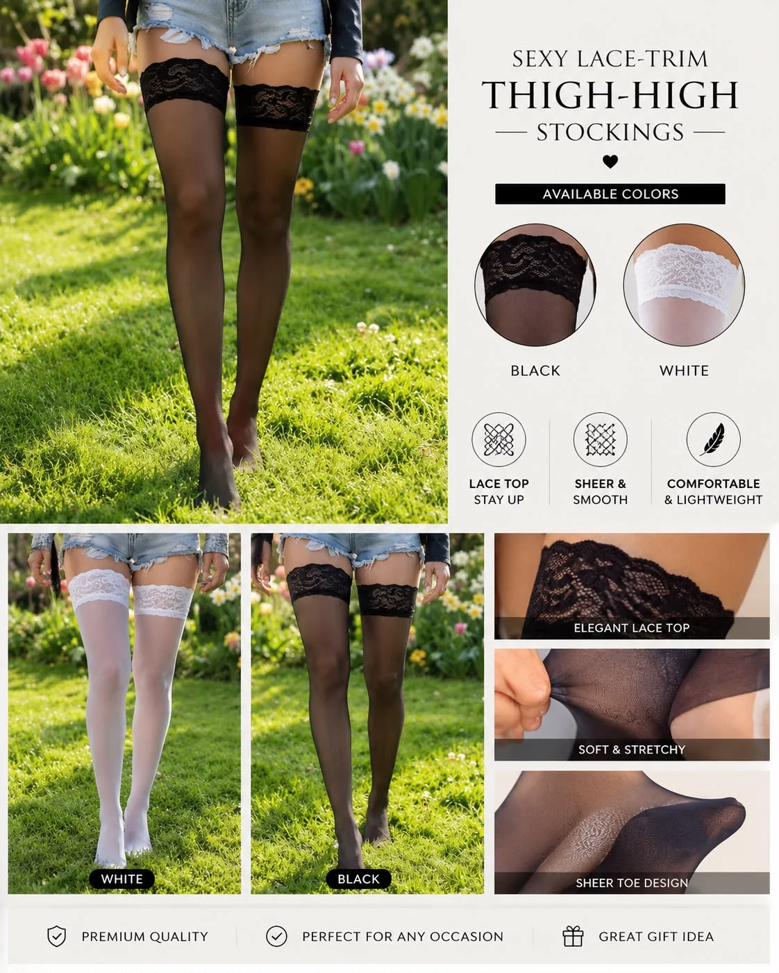 Women'S Sexy Lace-Trim Thigh-High Stockings